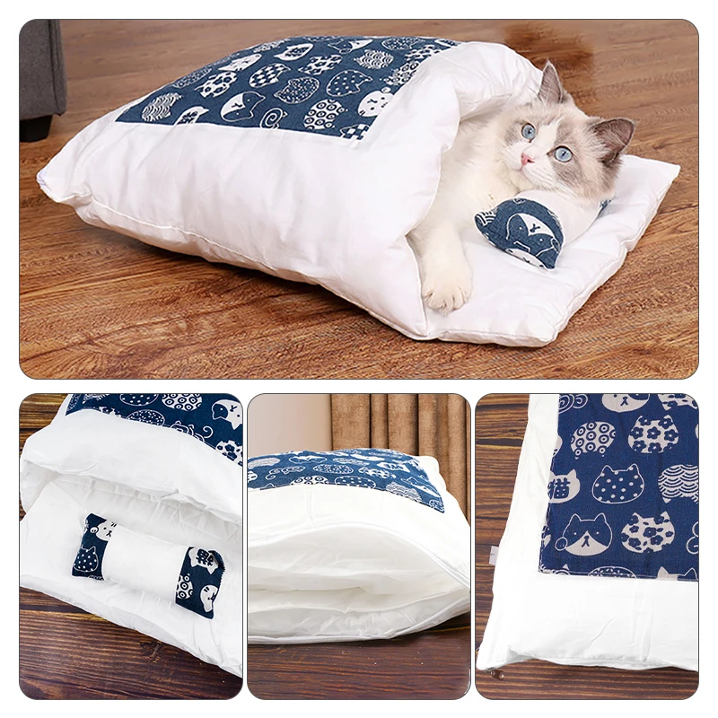 Japanese cat bed cat sleeping bag warm deep sleep cave winter removable pet bed for cats dogs nest pillow with pillow - imagen 5
