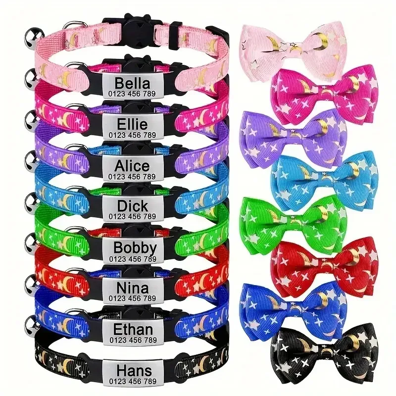 Collar de gato con estampado de luna y estrella, nombre de mascota grabado personalizado y número de teléfono, etiqueta de identificación de gato con lazo, adecuado para gatos domésticos