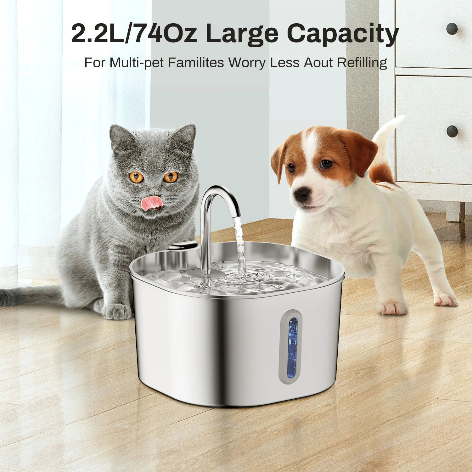 Fuente de agua de acero inoxidable de 2,2 L para gatos, dispensador automático de agua para mascotas, accesorios, bebedero automático para gatos, bebedero para perros