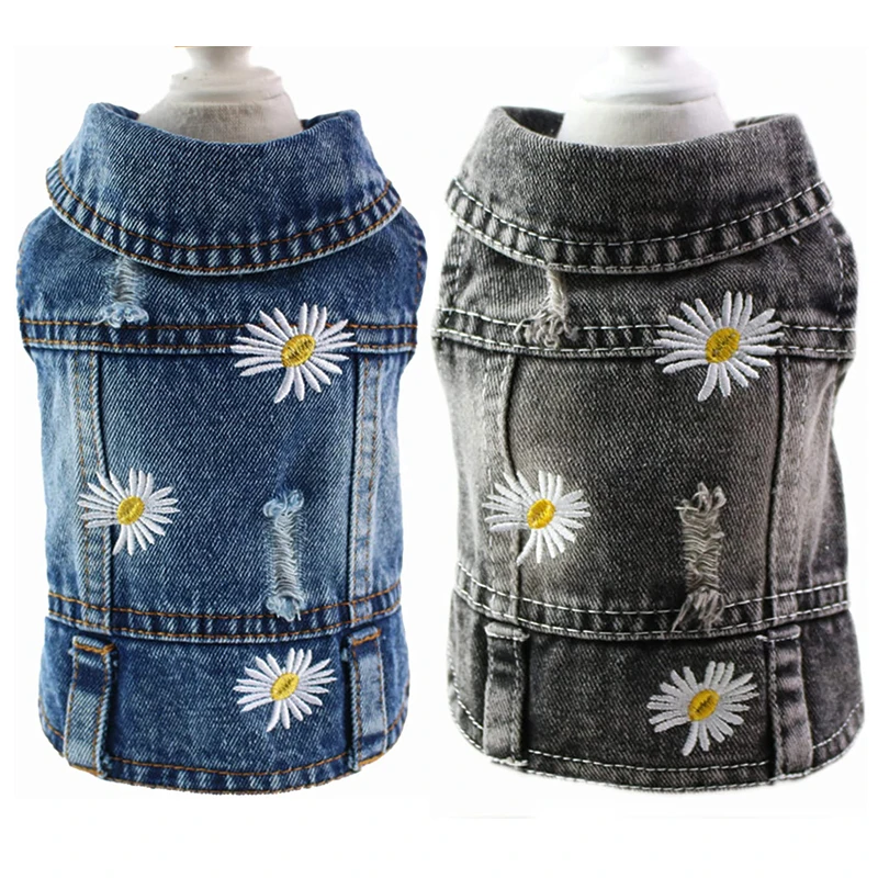 Ropa de lujo con bordado de margaritas para perros pequeños y medianos, chaqueta vaquera lavada Vintage para perros, chaleco sin mangas para mascotas, trajes de abrigo vaquero