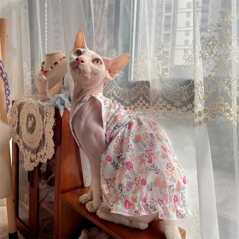 Sphynx Cat Slip Dress Lace Floral Cotton Skirt para ropa de gato sin pelo Vestido de material suave para Devon Rex Summer Spring Outwear - imagen 2