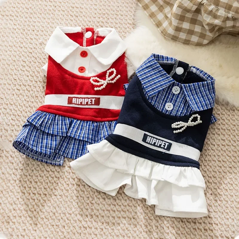 Vestido de otoño para perros, ropa para cachorros, vestido de peluche de estilo universitario, cuello de camisa, jersey para perros pequeños, falda clásica a cuadros de Yorkshire - imagen 4