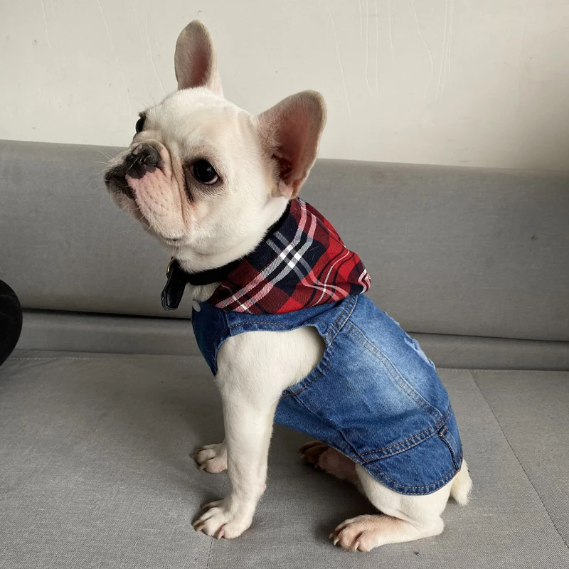 Chaqueta vaquera sin mangas para perros, lavado oscuro, abrigo vaquero con capucha para cachorros, ropa para perros pequeños y medianos, Bulldog Yorkie - imagen 4