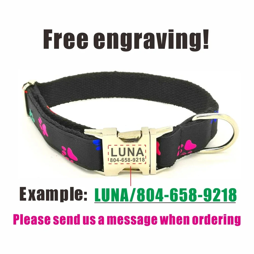 Collar de perro personalizado con grabado gratuito, correa para mascotas a juego, hebilla de Metal de contactos personalizados, Collar de patas grises arcoíris - imagen 4