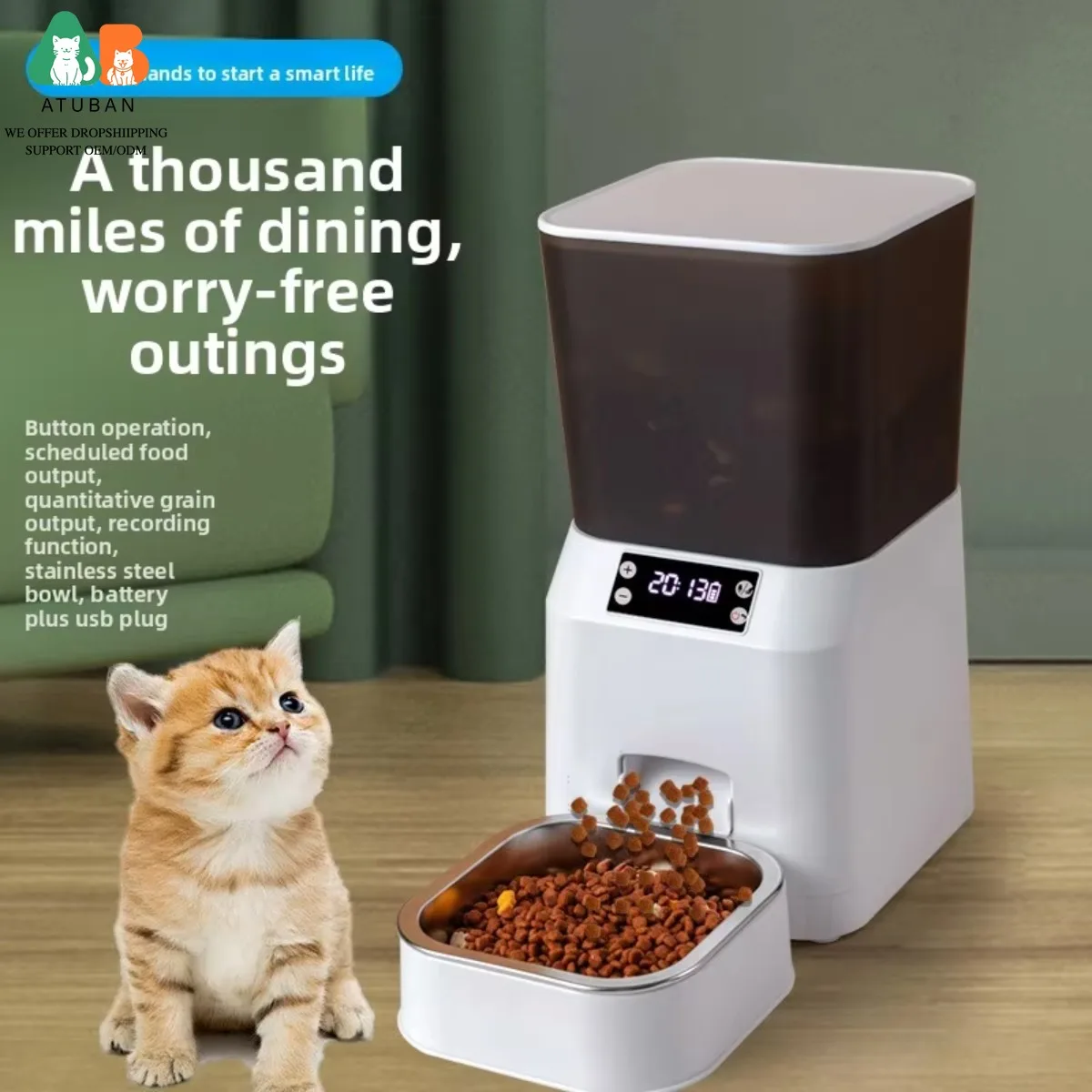 ATUBAN-comedero automático para gatos WiFi, dispensador de alimentos de 4,5 L con grabadora de voz de 10 segundos, comedero para mascotas de hasta 10 comidas al día, comedero para mascotas temporadas - imagen 3