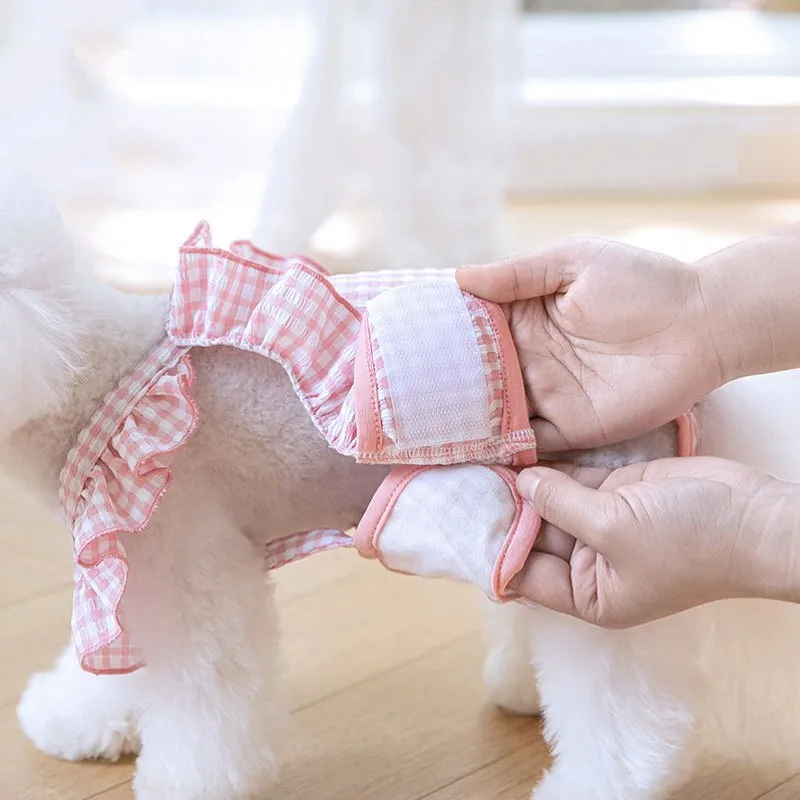 Pañal con tirantes para perro, pantalones fisiológicos lavables para mascotas, pantalones cortos bonitos a cuadros para perro, mangas voladoras, camisa para gato, ropa interior para perro - imagen 5
