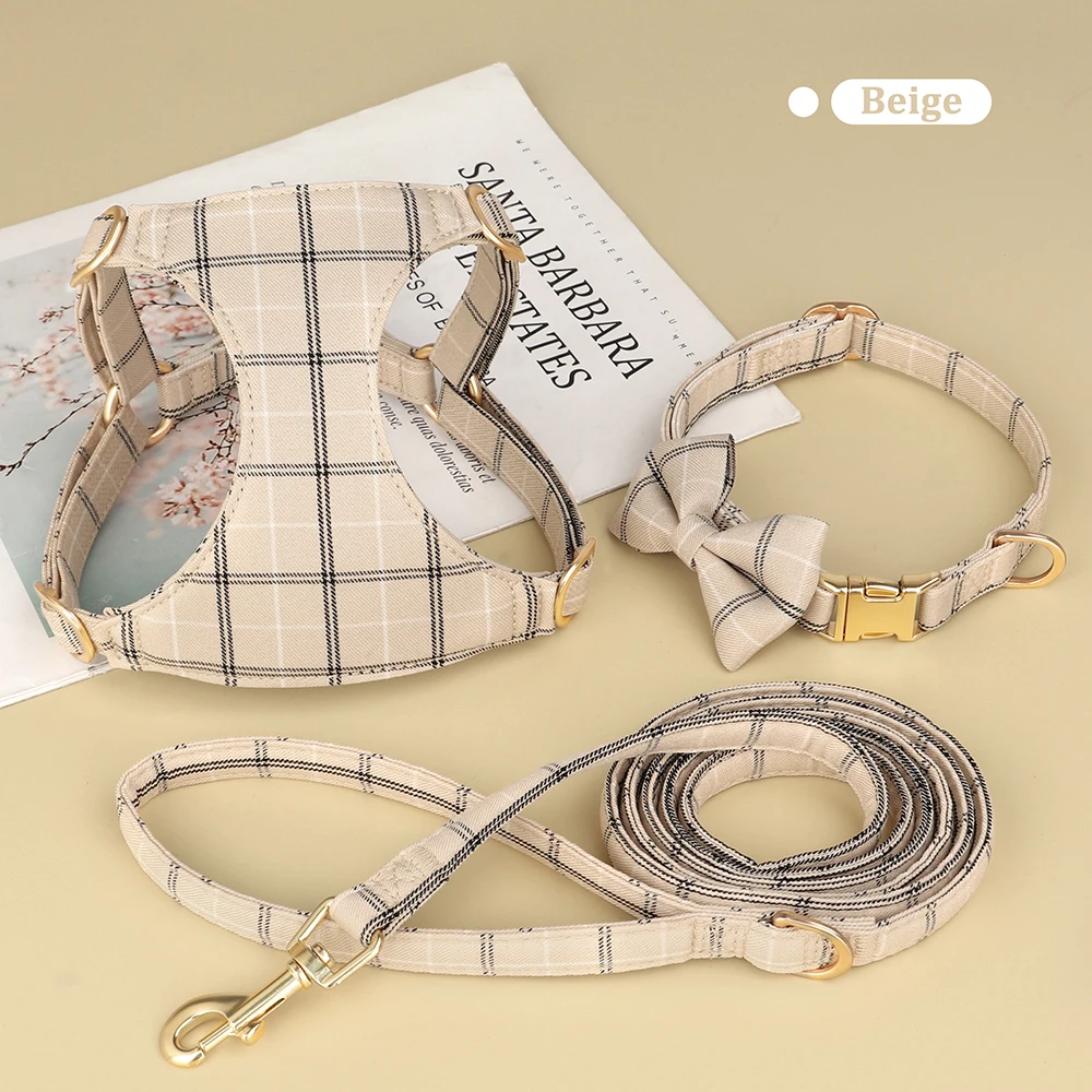 3 unids/set lindo pajarita Collar de perro arnés de correa conjunto clásico a cuadros Collar de perros arnés correa ajustable para Halloween Navidad - imagen 4