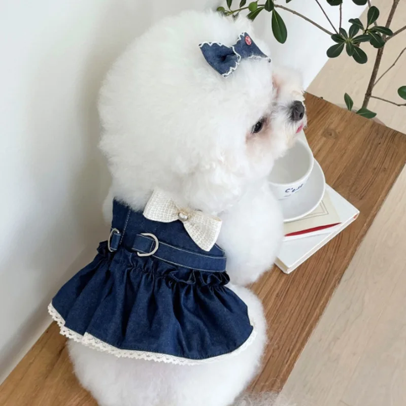 Chaleco vaquero para gatos de primavera para mascotas, vestido con lazo bonito para caminar en el pecho y la espalda, ropa para cachorros, ropa para perros pequeños