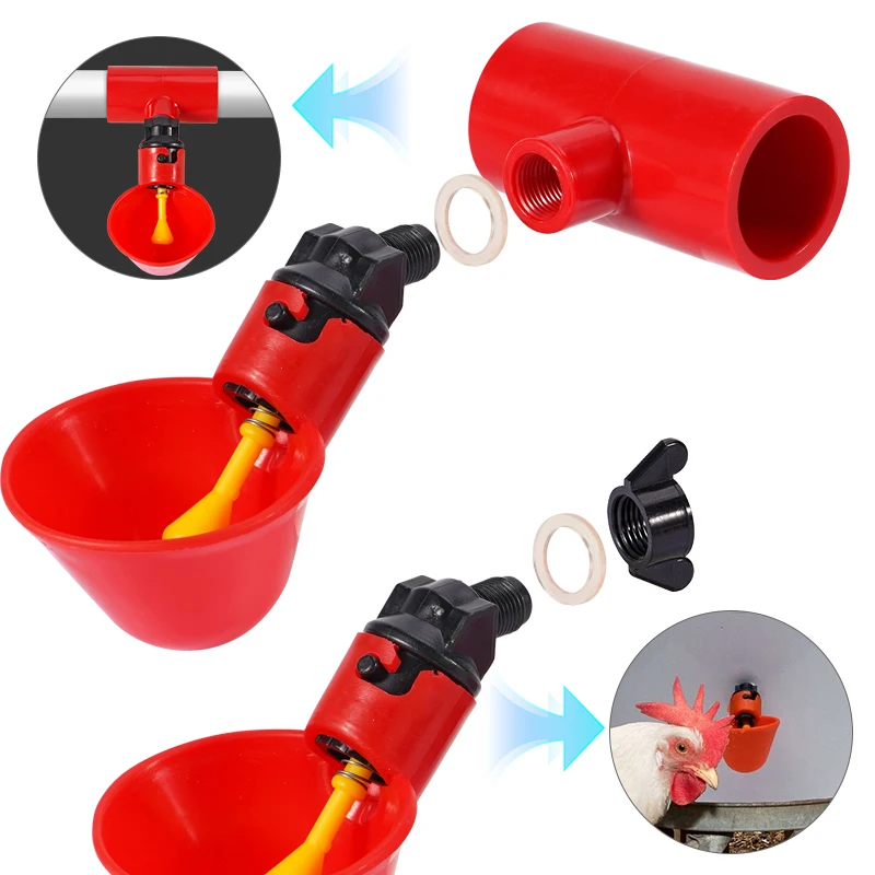 Cuencos de bebedero para pollos con tubos en T de PVC, taza de agua para aves de corral, bebedero automático para pollos, dispensador de agua, 5/10 Uds. - imagen 5