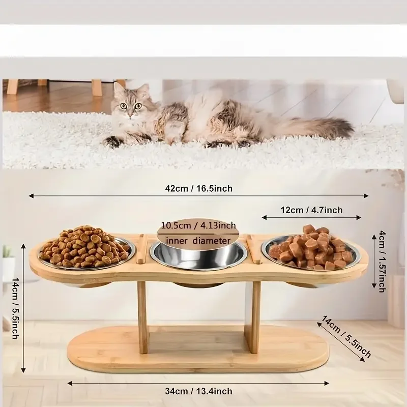 Estación de alimentación para gatos, cuencos elevados de acero inoxidable con soporte de madera inclinado de 15 grados, cuencos de comida para gatos elevados para gatos y cachorros - imagen 2