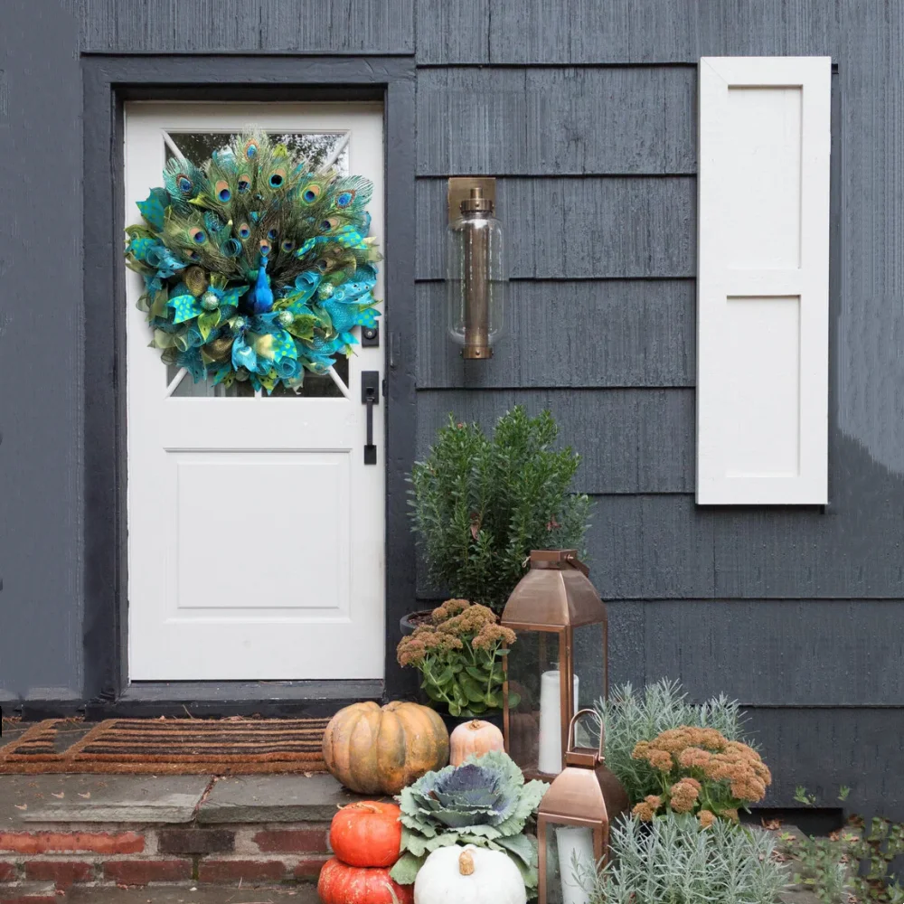 Handmake-Hermosa corona de pavo real redonda, decoración de guirnalda de malla de pavo real, VALLA DE Gardent, puerta delantera, decoración colgante para el hogar, 45cm x 45cm - imagen 4