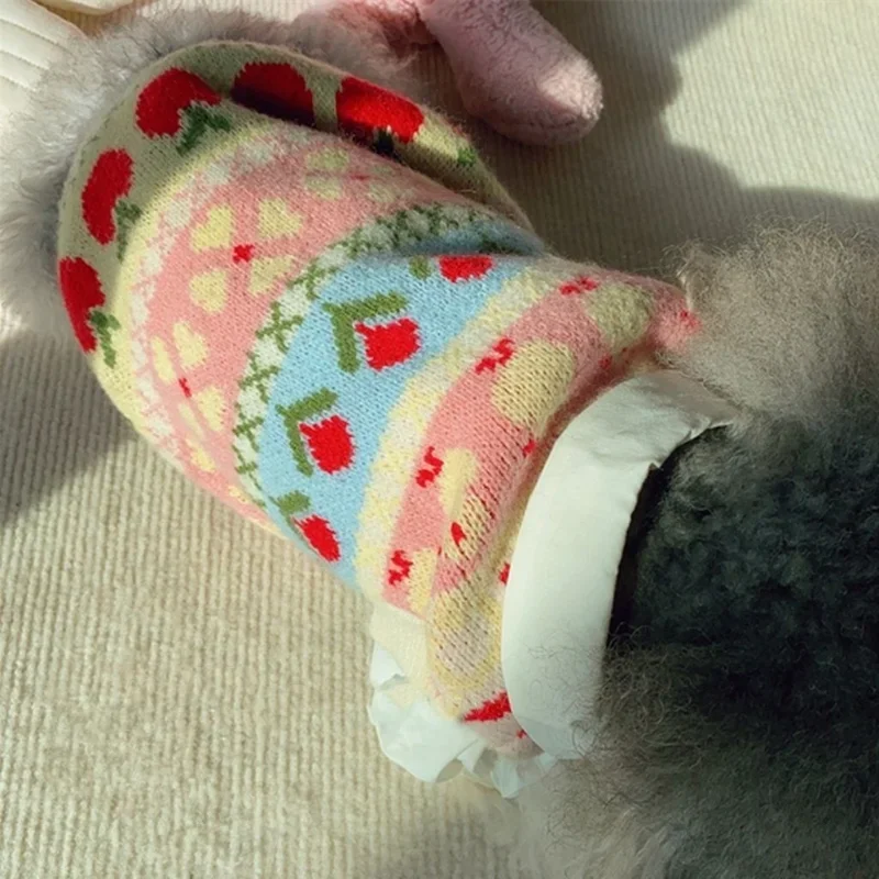 Suéter Floral para perros, ropa de algodón para mascotas, disfraz para perros pequeños, estampado de Bulldog Francés, cálido, rosa, Invierno - imagen 4