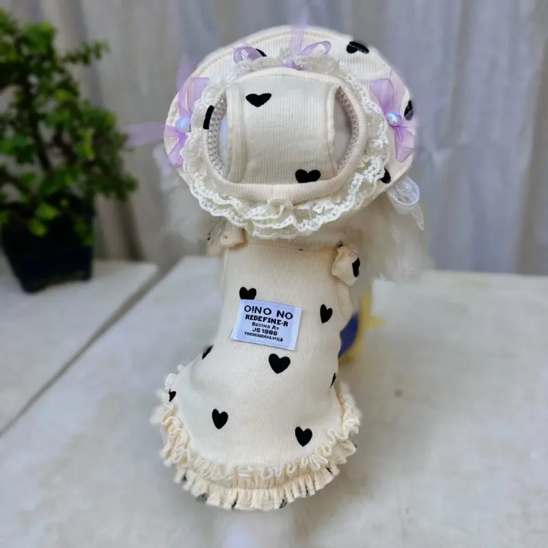 1/Set de ropa de encaje de amor para mascotas, vestido de tirantes de verano, conjunto de sombrero bonito, ropa para perros pequeños, vestido con tirantes elásticos altos, chaleco de princesa para gatos - imagen 2
