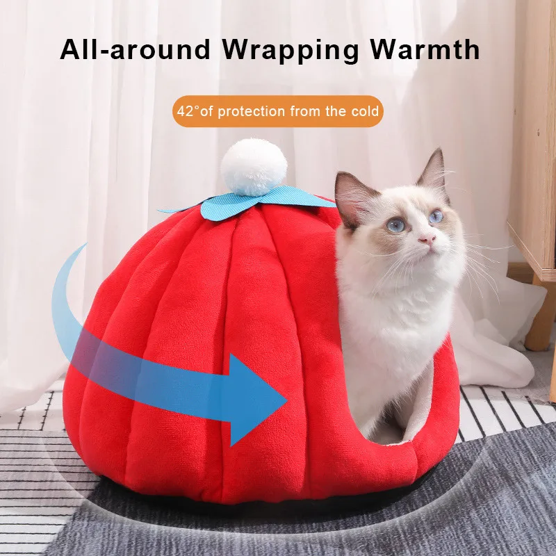 Cama suave y cálida para gato, casa antideslizante con forma de calabaza de dibujos animados, nido interior para mascotas, suministros para mascotas, Invierno - imagen 2