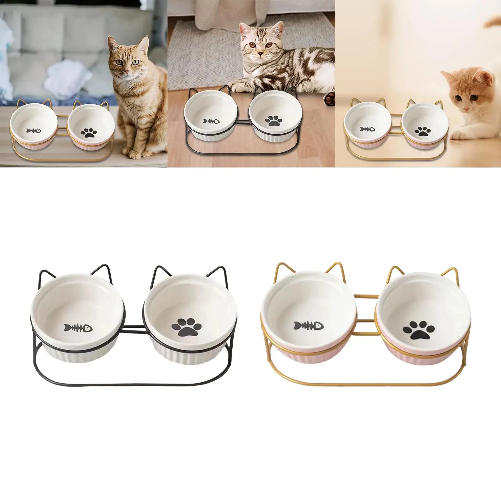 Cuenco doble de cerámica para gatos y perros, plato elevado Separable con soporte de hierro, estante no - imagen 4