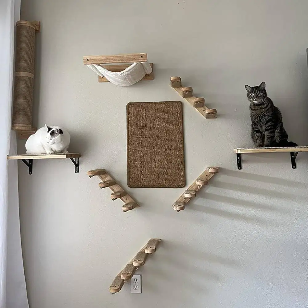 Marco de escalada para gatos de madera maciza montado en la pared, hamaca, poste rascador, estante con plataforma de salto de Sisal, muebles de escalones de escalera - imagen 4