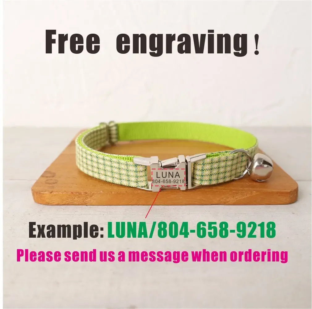 Collar de gato personalizado con grabado gratuito, correa para mascotas a juego, hebilla de Metal de contactos personalizados, Collar para mascotas a cuadros verde y amarillo - imagen 4