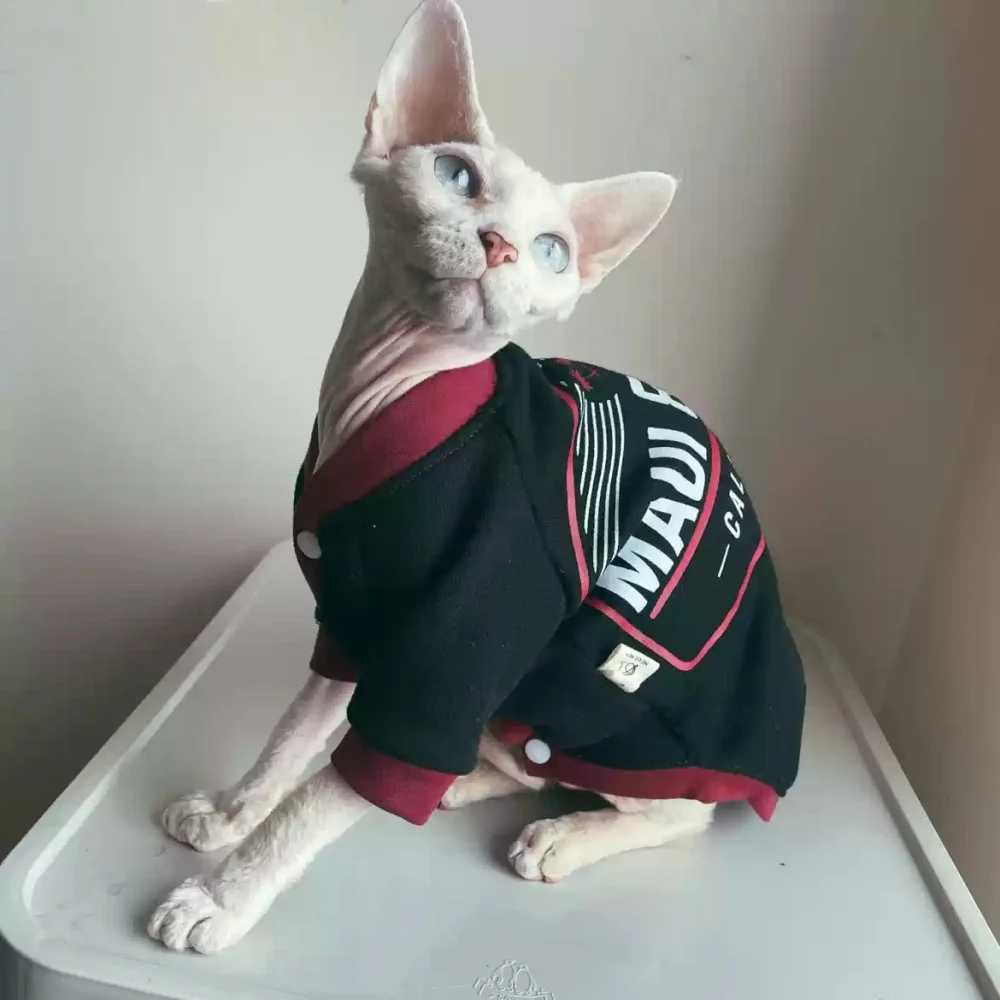 Abrigo de cárdigan de invierno raglán de manga larga de algodón cepillado negro rojo para sudadera del alfabeto de dibujos animados del gato Devon Rex Sphinx en primavera - imagen 2