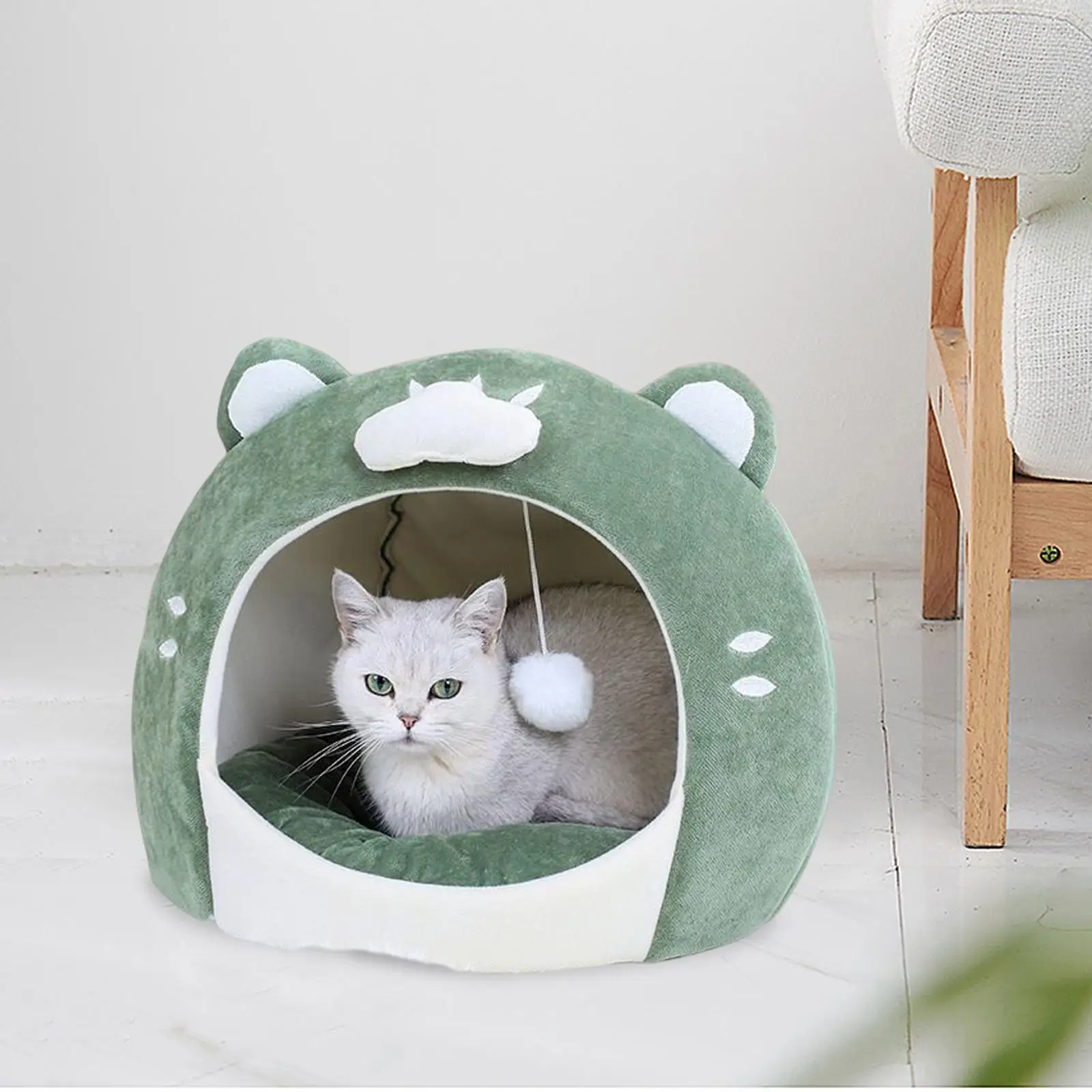 Cat Cave Bed Green Pet Cat House Hut with Plush Ball Cute Appearance Sturdy Construction Anti Slip Base Soft and Comfortable
