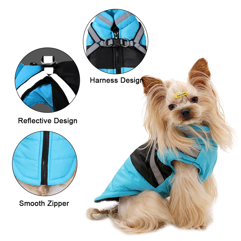 Ropa de invierno para perros, chaqueta reflectante impermeable para cachorros con arnés para perros pequeños y medianos, chaleco para gatos, abrigo, monos para Chihuahua - imagen 2