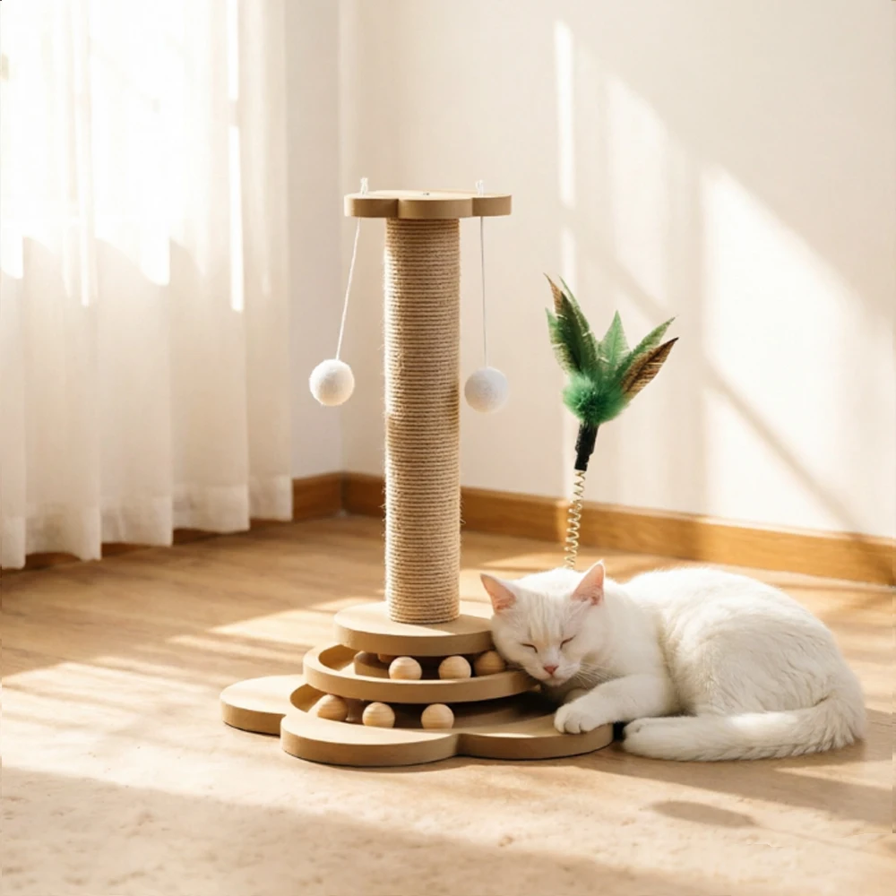 Torre rascadora para gatos de sisal y madera maciza con juguetes - imagen 2