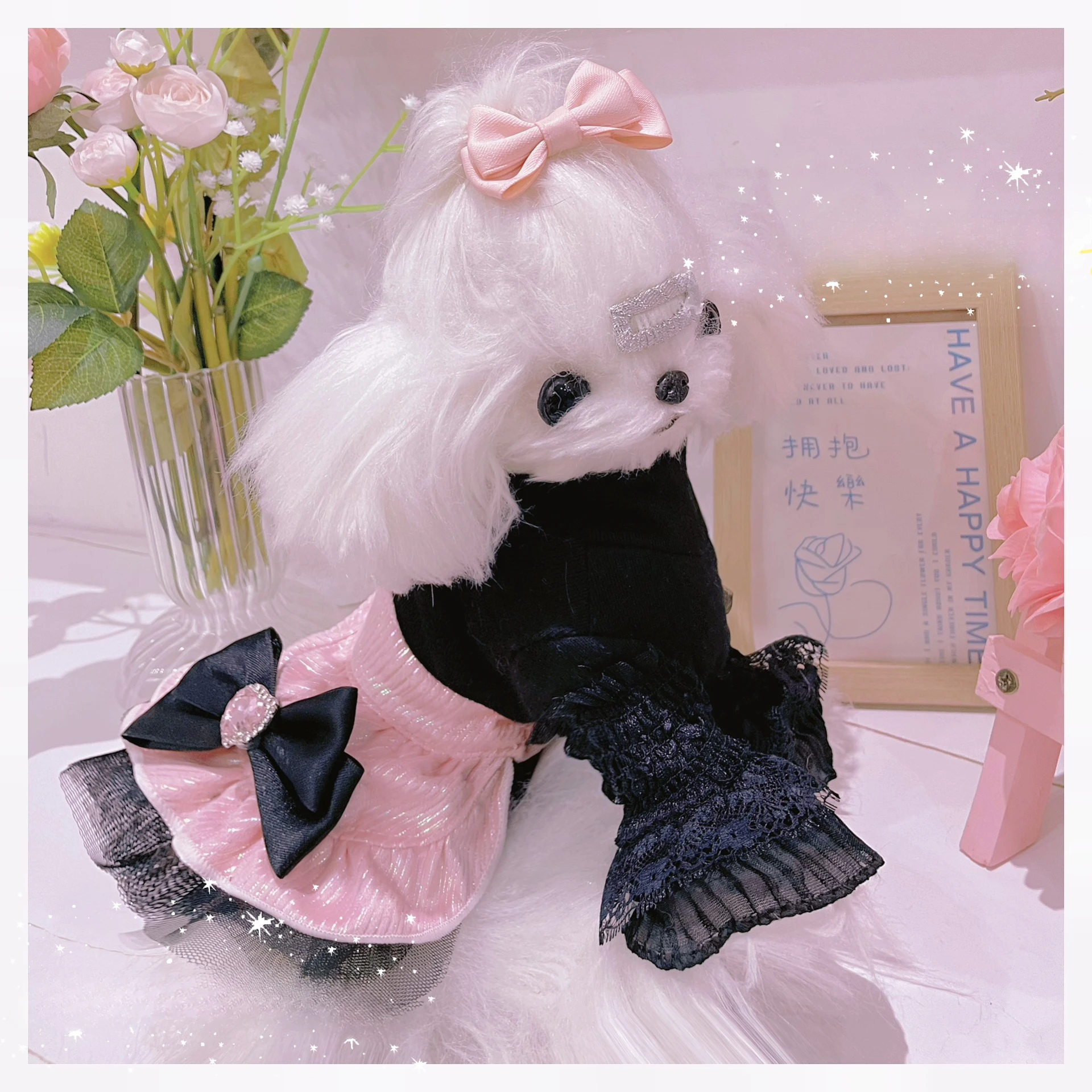 Camisa básica de cuello alto con manga trompeta para mascotas, media falda rosa de cintura alta, conjunto de Estilo Princesa para perros Yorkshire, ropa para cachorros pequeños - imagen 5