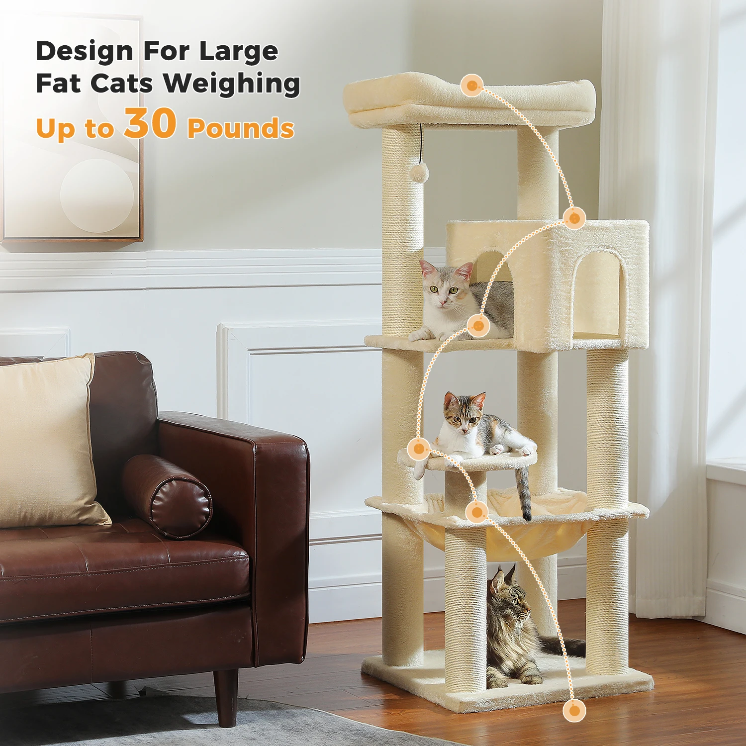 Árbol grande para gatos con postes rascadores gruesos, hamaca grande para Condo, torre para gatos de alta resistencia para gatos adultos grandes, muebles de peluche para gatos, Juguetes - imagen 3