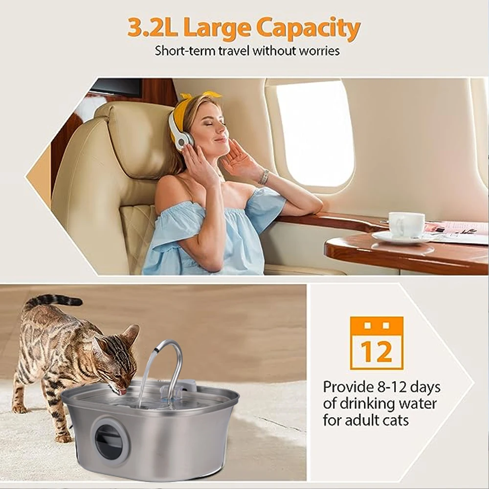Fuente de agua para gatos, fuente de agua automática de acero inoxidable para mascotas, dispensador de agua para perros con ventana de nivel de agua de 3,2 L para gatos - imagen 2