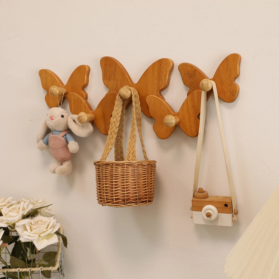 Ganchos de pared de mariposa de madera maciza: organizador de entrada de estilo nórdico para almacenamiento de abrigos, llaves y artículos pequeños