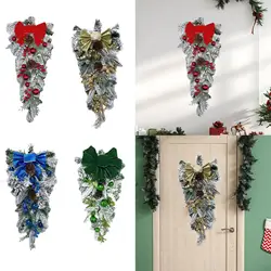 Corona navideña, realista decorada con guirnalda de bolas de lazo, corona de puerta delantera, corona artificial para decoración de fiesta de pared de casa
