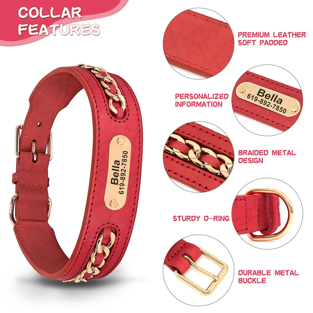 Collar de perro personalizado, collares con nombre de identificación de perro personalizado gratis con accesorios de cadena, Collar de cuero duradero para mascotas para perros pequeños y grandes - imagen 4