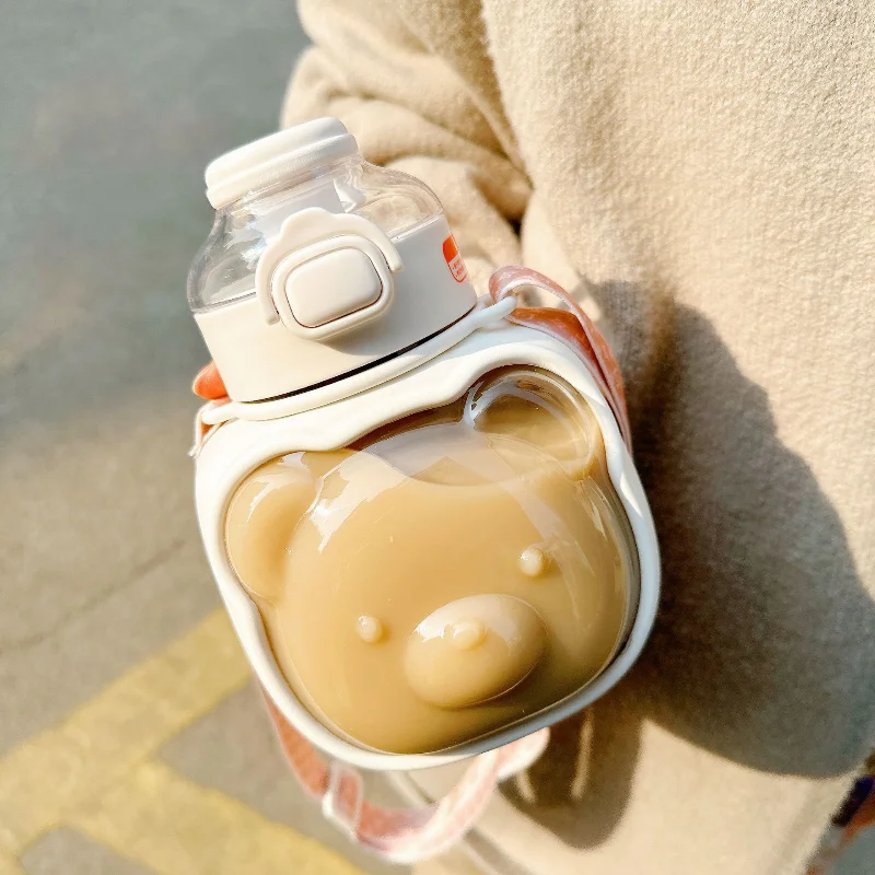 Botella de agua de oso bonito con pajita, botella de dibujos animados Kawaii para niños sin Bpa de gran capacidad de 1000ml para viajes escolares de estudiantes ﻿ - imagen 5