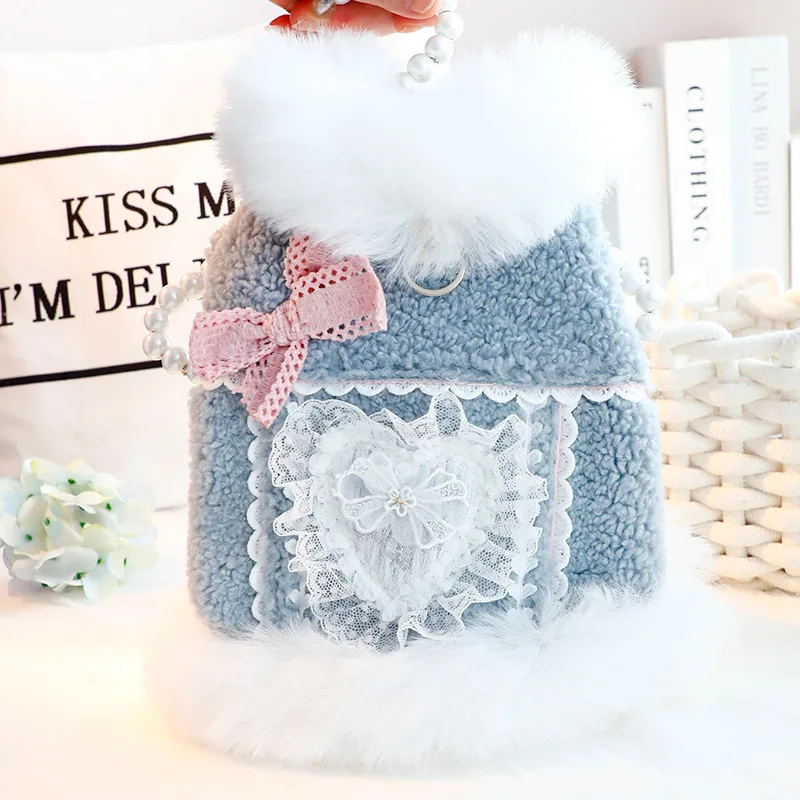 Vestido de princesa para mascotas de otoño e invierno con cuello de piel de corazón, ropa suave y cálida para exteriores para perros y gatos para perros pequeños - imagen 2