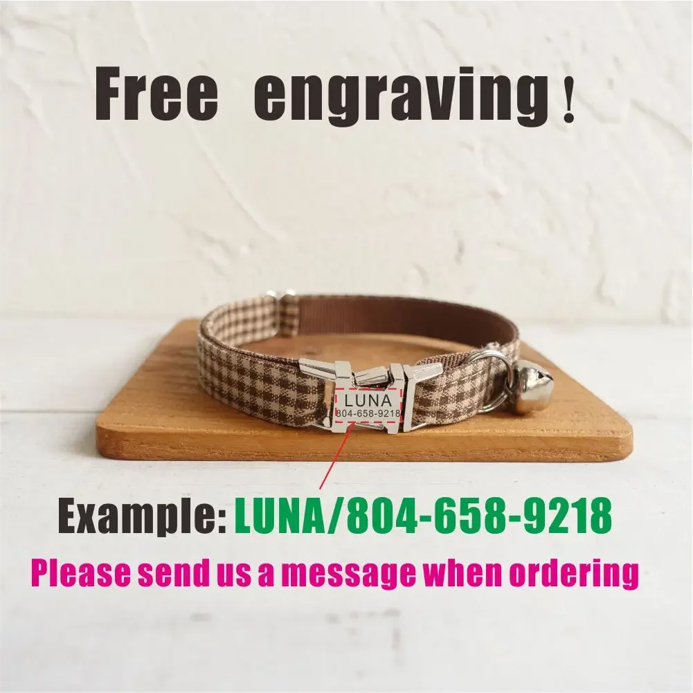 Collar de gato personalizado con campana, placa con nombre personalizada, hebilla de metal de identificación, collares de gato a cuadros de café ajustables con campana - imagen 4