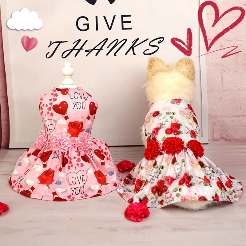 Vestido para perro Primavera Verano falda para cachorro vestido de princesa ropa para mascotas flor corazón encantador patrón sin mangas vestidos de boda para perros - imagen 2