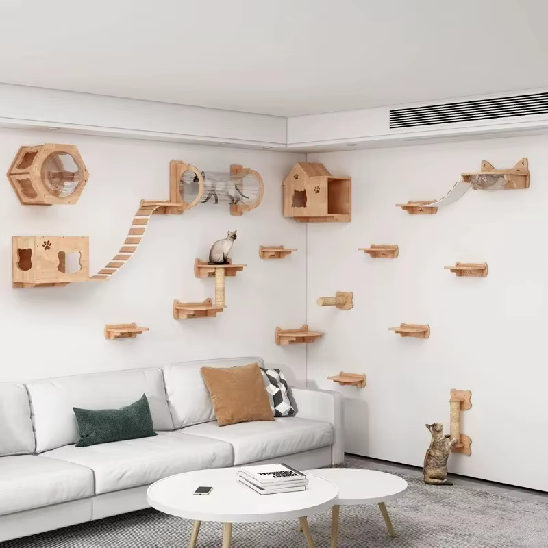 Estantería pared gatos madera maciza con rascador sisal y cápsula - imagen 5