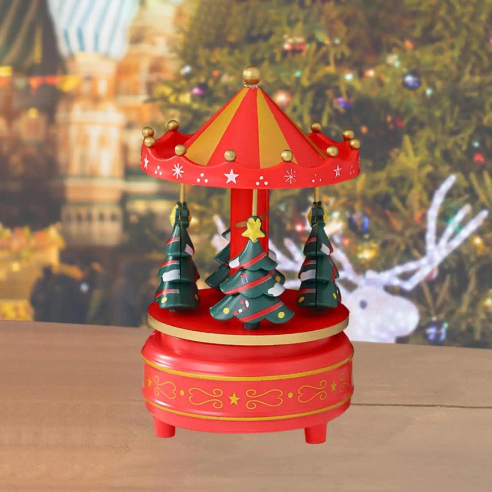 Christmas Carousel Music Box Decoration Xmas Tree Design Hand Painted Fine Craftsmanship for New Year Gifts 4.1x6.9inch