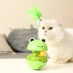 Vaso de rana para mascotas, juguete para gatos con dispensación de golosinas + palo de teaser de plumas de primavera, juguete interactivo para gatos para mantener los gatos entretenidos,