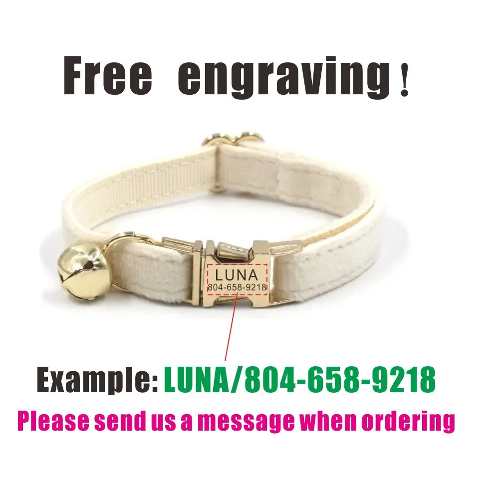 Collar de gato personalizado con campana, placa de identificación personalizada, hebilla de metal de identificación, collares de gato de terciopelo blanco crema ajustables con campana - imagen 4
