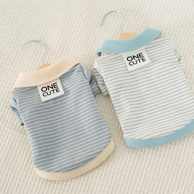 Camisa a rayas de verano para mascotas, chaleco de moda informal transpirable de algodón, cuello azul blanco suave para perro cómodo - imagen 3