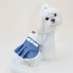 Vestido plisado mezclilla perro pequeño encaje pedrería cereza Maltese