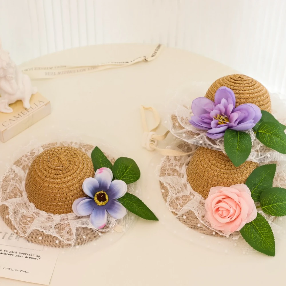 Sombrero de paja para perros y gatos con visor encaje primavera verano - imagen 3