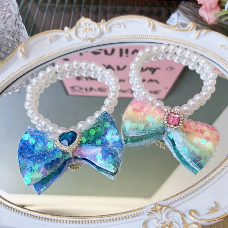 Collar de lazo con purpurina para mascotas, Collar de perlas dulces para gatos, lazo para el cuello para perros pequeños, accesorio para fotos, pajarita para perros, accesorios para mascotas - imagen 4