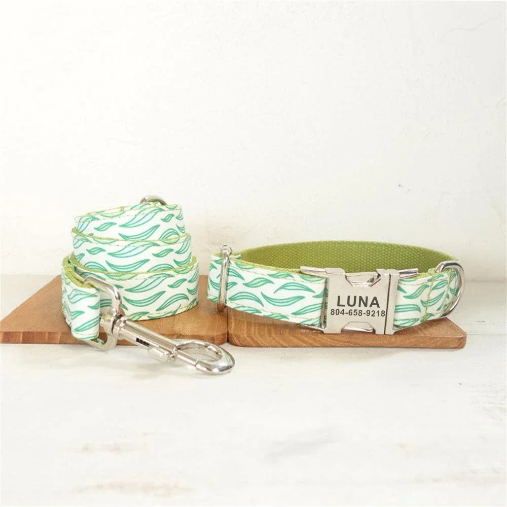 Collar de perro personalizado con grabado gratuito, correa para mascotas a juego, hebilla de Metal de contactos personalizados, Collar para mascotas de hojas verdes