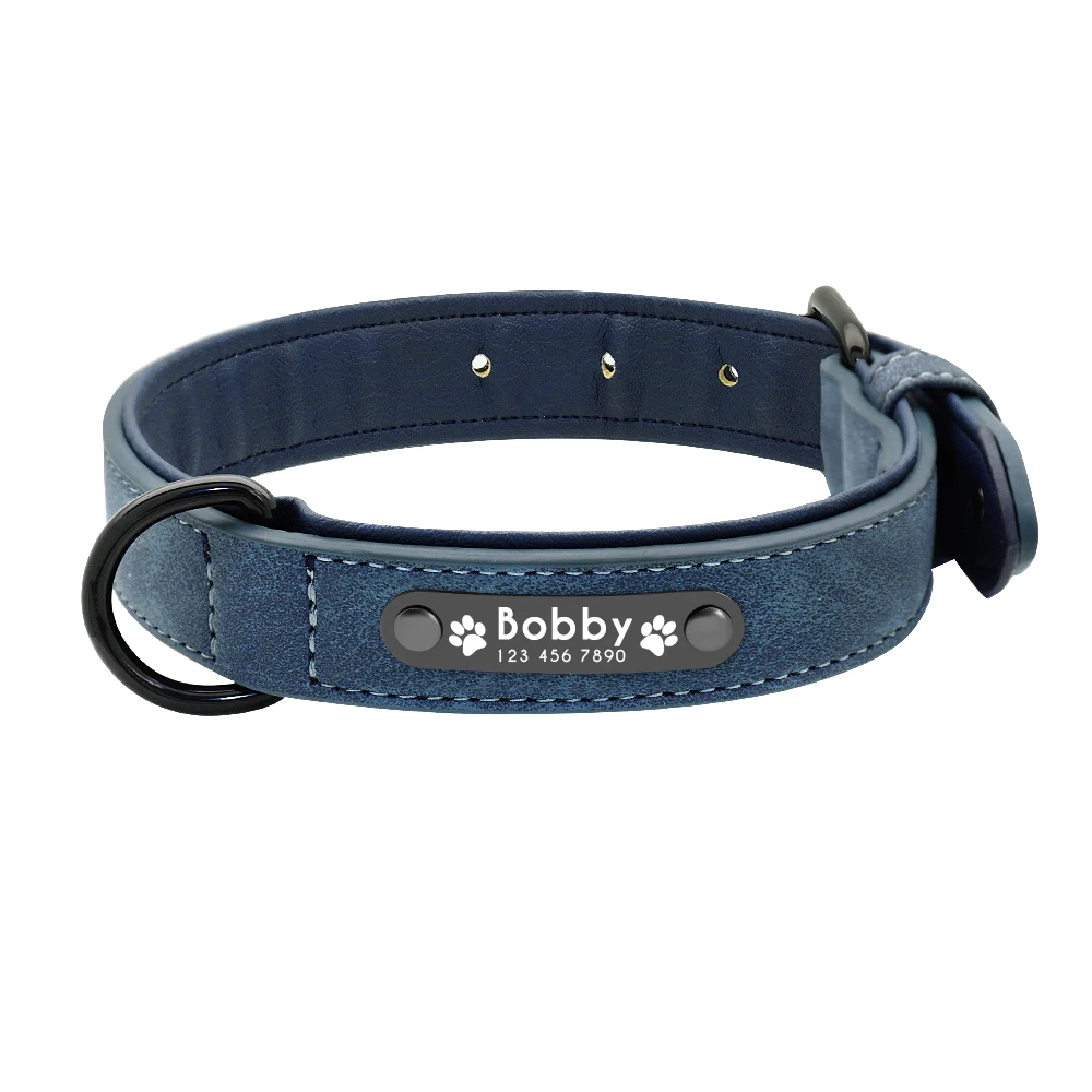 Collar de perro de cuero PU personalizado Collares de perro duraderos Collar de pata con nombre de mascota grabado gratis Acolchado suave para perros pequeños y grandes Pug - imagen 3