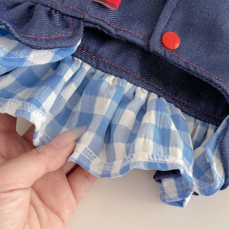 Falda vaquera a cuadros de primavera para mascotas, falda con correa para perro, chaleco de protección solar para el hogar y exteriores, vestidos para perros pequeños - imagen 4