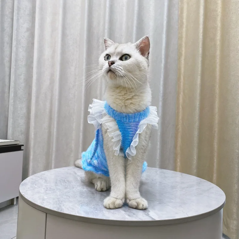 Camisola de otoño e invierno para mascotas, chaleco de encaje de piel de visón, suéter para gatos, suéter de punto cálido, abrigo de peluche Yorkshire, ropa para perros pequeños - imagen 3