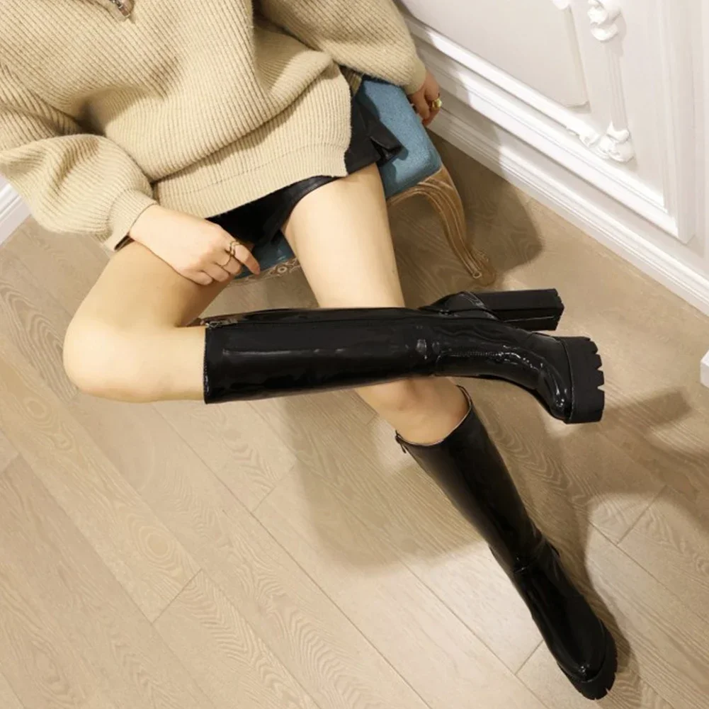 Botas de moto para mujer, plataforma de tacón grueso hasta la rodilla, botas hasta la pantorrilla, novedad de 2024, plataforma de tacón grueso con cordones, rojo y negro - imagen 3