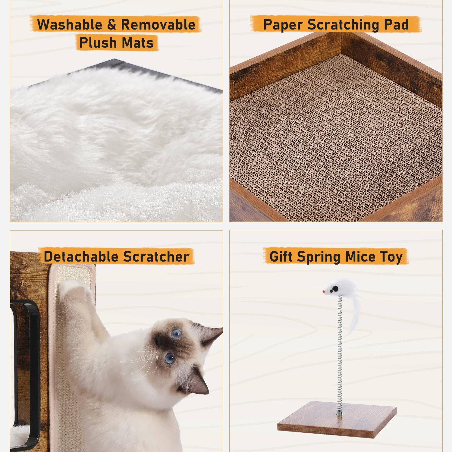 Árbol para gatos moderno de madera con camas y rascador extraíble - imagen 5