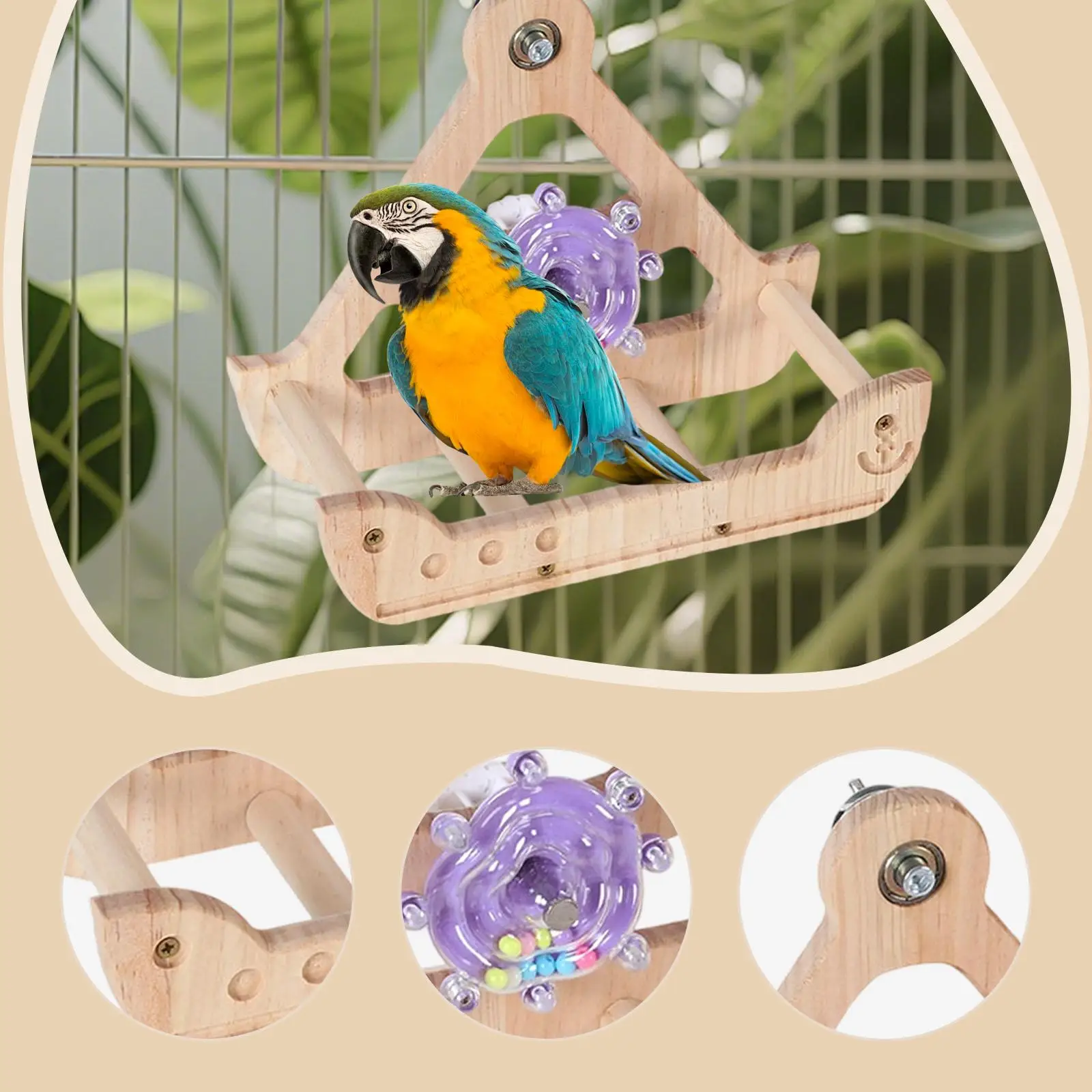 Percha para pájaros, decoración de juguete, rueda de ejercicio de madera, accesorios para jaula de pájaros, juguete de enriquecimiento de aves, juguete mecedor para periquitos Conures - imagen 5